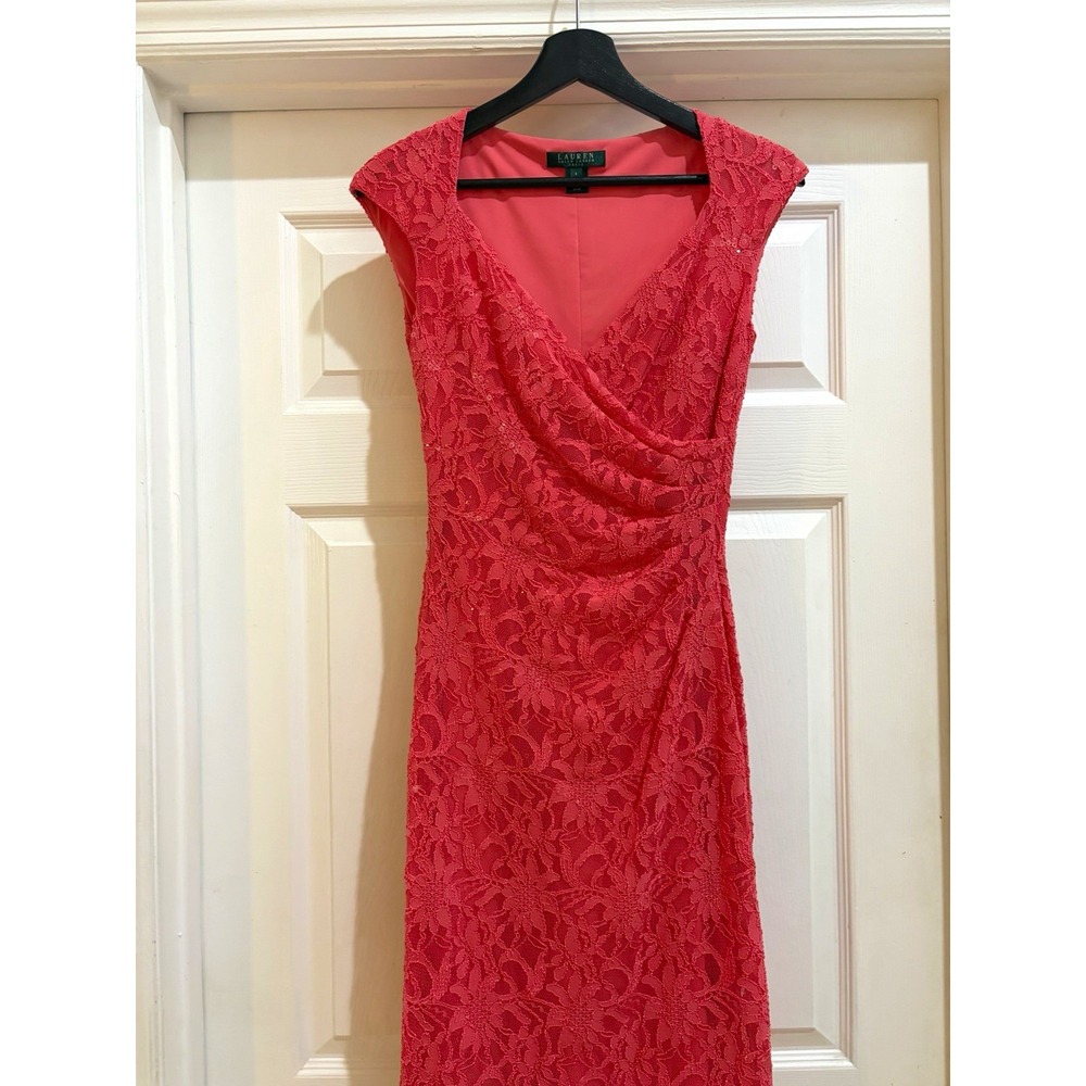 Lauren Ralph Lauren Pink Lace Sequin V-Neck Cap Sleeve Sheath Dress Size 4
